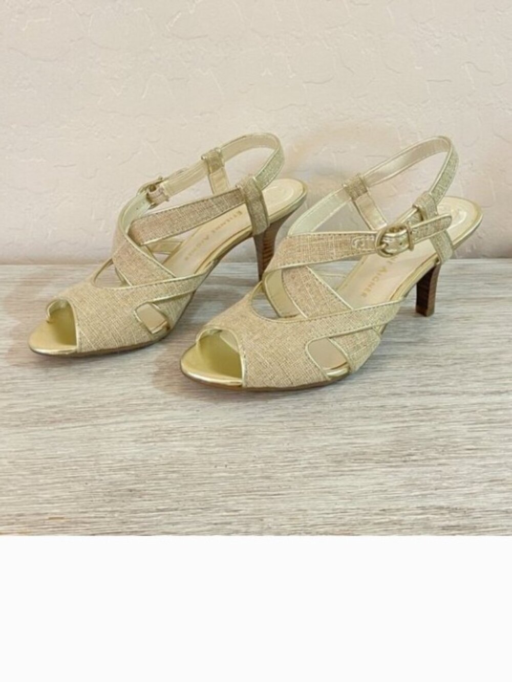 Etienne Aigner Heels 6 Julia Beige Gold Tweed Strappy Slingback Heel Sandal